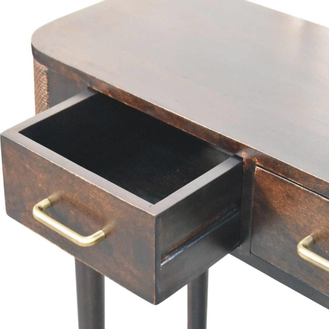 Belmont Console Table | Solid Mango Wood | Velvet Mocha Finish | 2 Drawer Hallway Console with Rattan Panels
