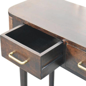 Belmont Console Table | Solid Mango Wood | Velvet Mocha Finish | 2 Drawer Hallway Console with Rattan Panels