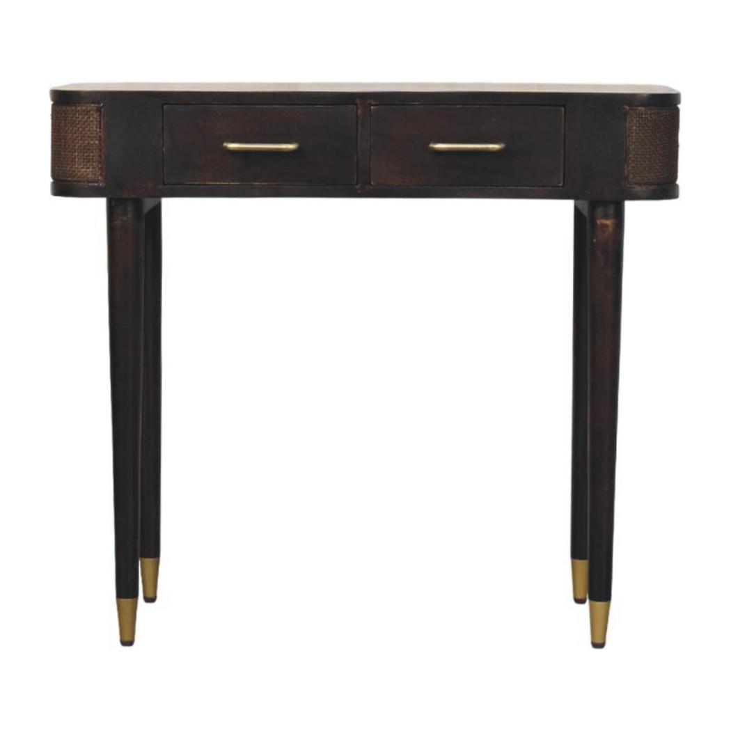 Belmont Console Table | Solid Mango Wood | Velvet Mocha Finish | 2 Drawer Hallway Console with Rattan Panels