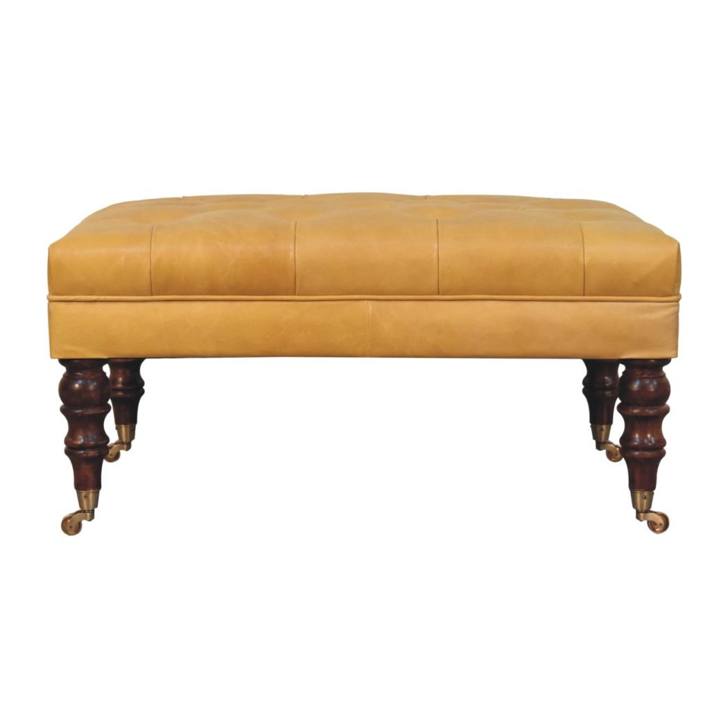 Black Leather Ottoman | Solid Mango Wood | Honey Caramel Finish | Castor Legs