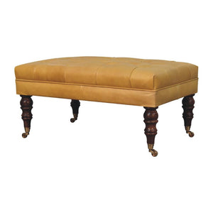 Black Leather Ottoman | Solid Mango Wood | Honey Caramel Finish | Castor Legs