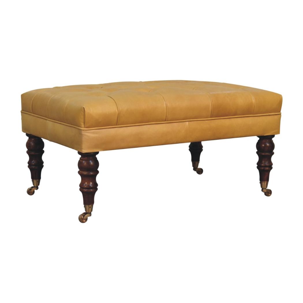 Black Leather Ottoman | Solid Mango Wood | Honey Caramel Finish | Castor Legs