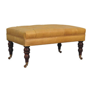 Black Leather Ottoman | Solid Mango Wood | Honey Caramel Finish | Castor Legs