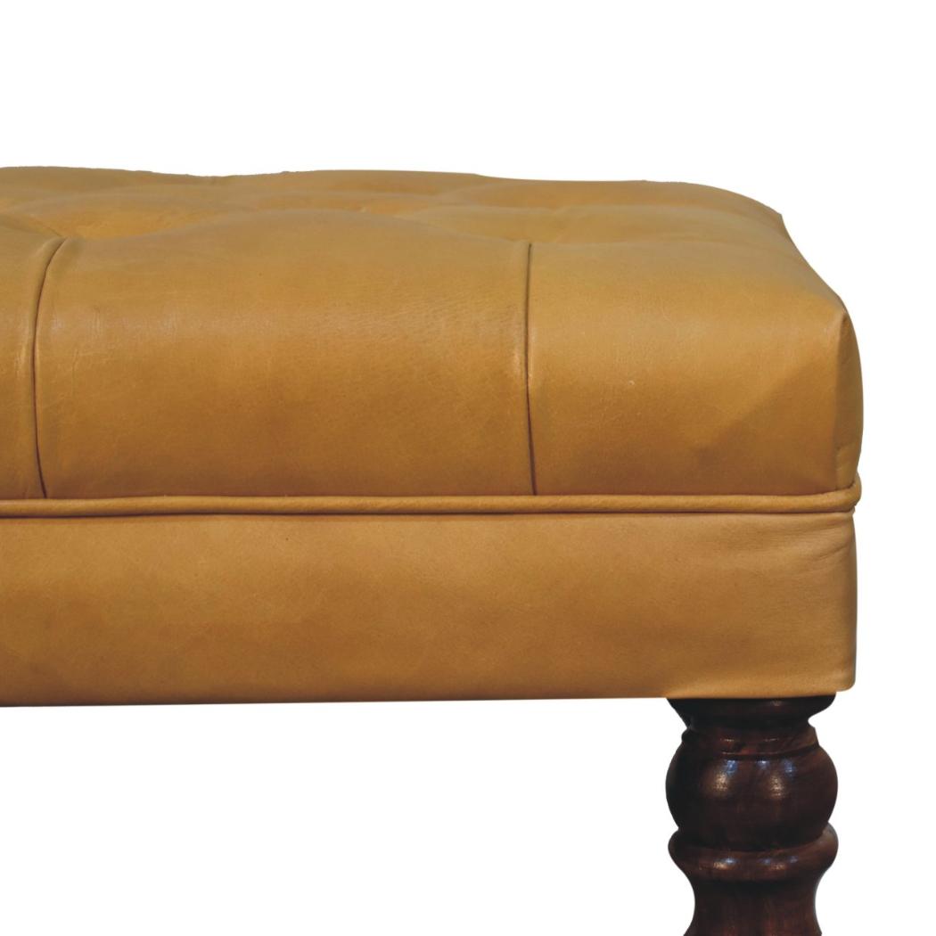 Black Leather Ottoman | Solid Mango Wood | Honey Caramel Finish | Castor Legs