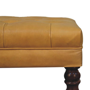 Black Leather Ottoman | Solid Mango Wood | Honey Caramel Finish | Castor Legs