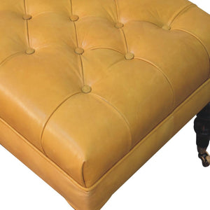 Black Leather Ottoman | Solid Mango Wood | Honey Caramel Finish | Castor Legs