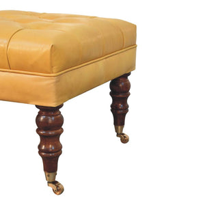 Black Leather Ottoman | Solid Mango Wood | Honey Caramel Finish | Castor Legs