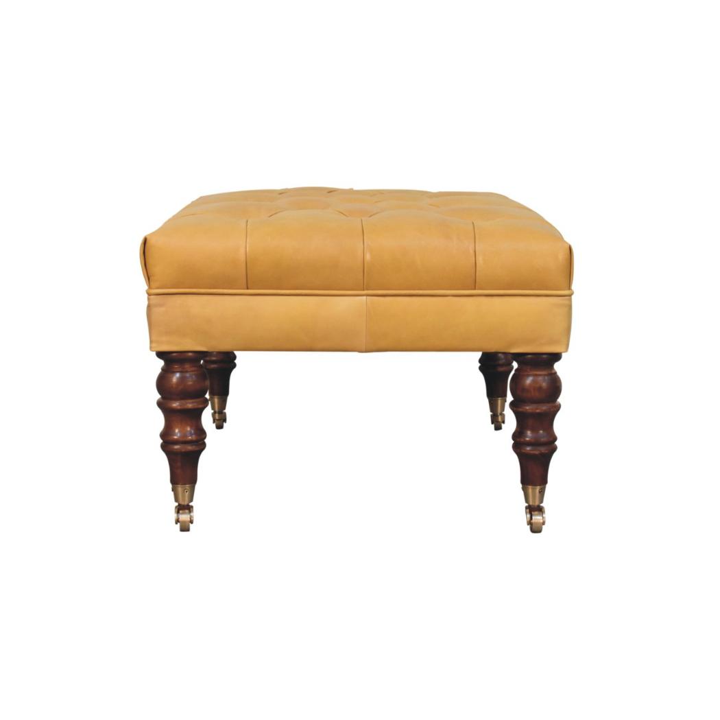 Black Leather Ottoman | Solid Mango Wood | Honey Caramel Finish | Castor Legs