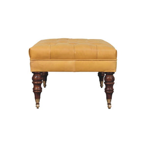 Black Leather Ottoman | Solid Mango Wood | Honey Caramel Finish | Castor Legs