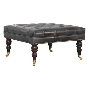 Black Leather Upholstered Ottoman | Footstool | Accent Seat
