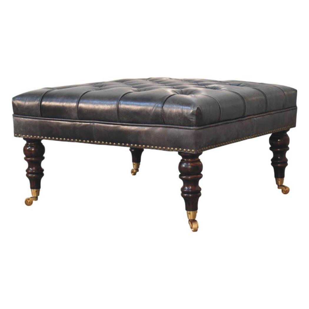 Black Leather Upholstered Ottoman | Footstool | Accent Seat