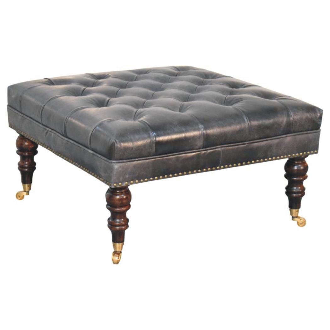 Black Leather Upholstered Ottoman | Footstool | Accent Seat