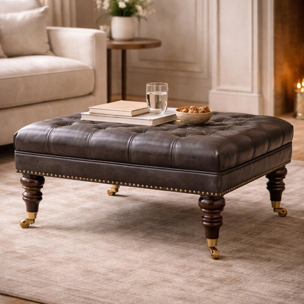Black Leather Upholstered Ottoman | Footstool | Accent Seat