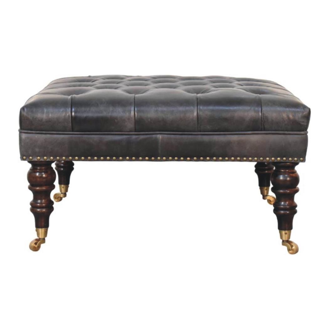 Black Leather Upholstered Ottoman | Footstool | Accent Seat