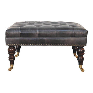 Black Leather Upholstered Ottoman | Footstool | Accent Seat