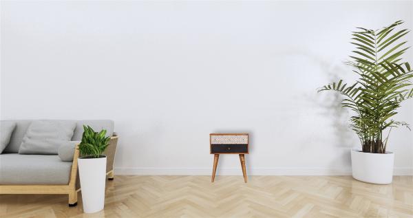 Black Patterned Bedside Table | Solid Mango Wood | Oak Finish | 2 Drawers