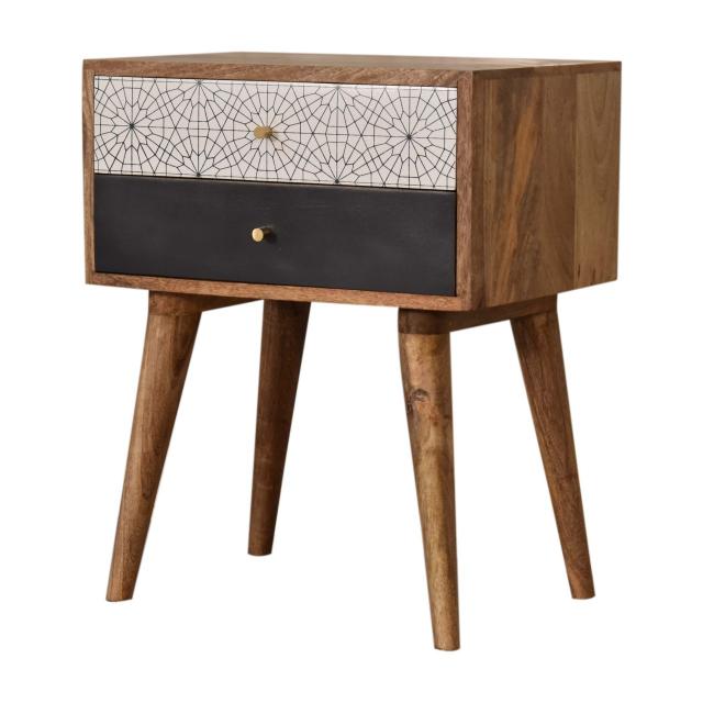 Black Patterned Bedside Table | Solid Mango Wood | Oak Finish | 2 Drawers