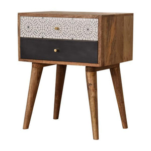 Black Patterned Bedside Table | Solid Mango Wood | Oak Finish | 2 Drawers