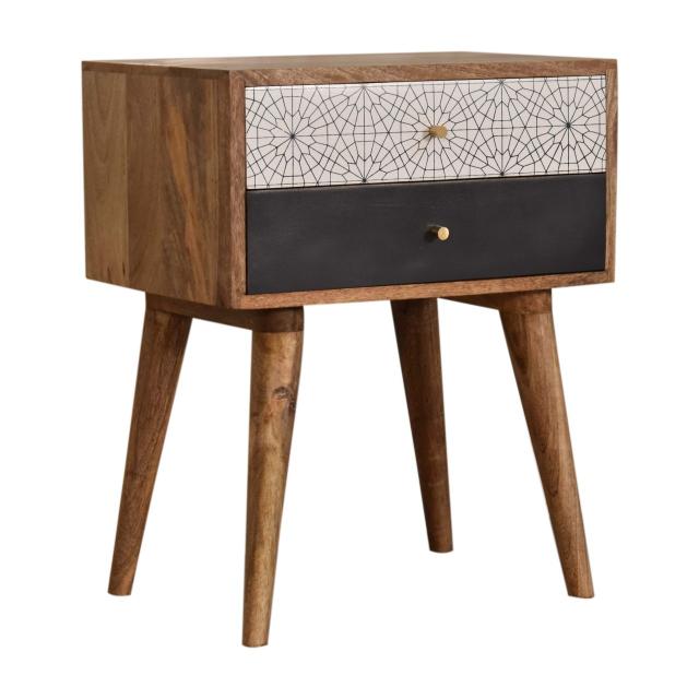 Black Patterned Bedside Table | Solid Mango Wood | Oak Finish | 2 Drawers