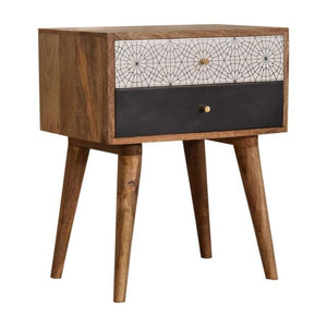 Black Patterned Bedside Table | Solid Mango Wood | Oak Finish | 2 Drawers