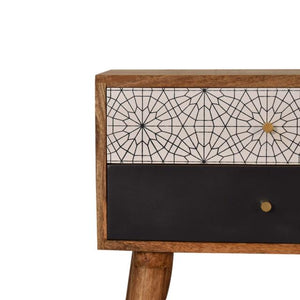 Black Patterned Bedside Table | Solid Mango Wood | Oak Finish | 2 Drawers