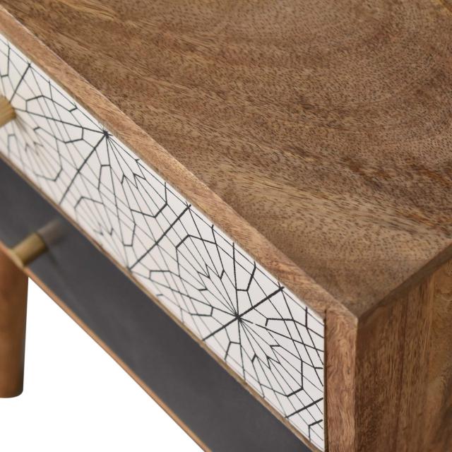 Black Patterned Bedside Table | Solid Mango Wood | Oak Finish | 2 Drawers