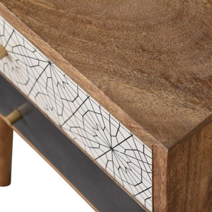 Black Patterned Bedside Table | Solid Mango Wood | Oak Finish | 2 Drawers