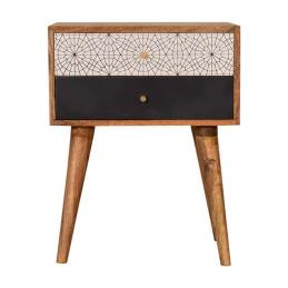 Black Patterned Bedside Table | Solid Mango Wood | Oak Finish | 2 Drawers