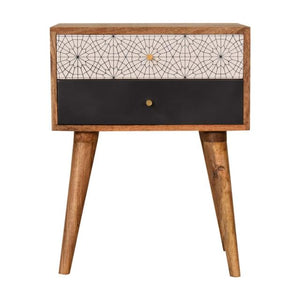Black Patterned Bedside Table | Solid Mango Wood | Oak Finish | 2 Drawers