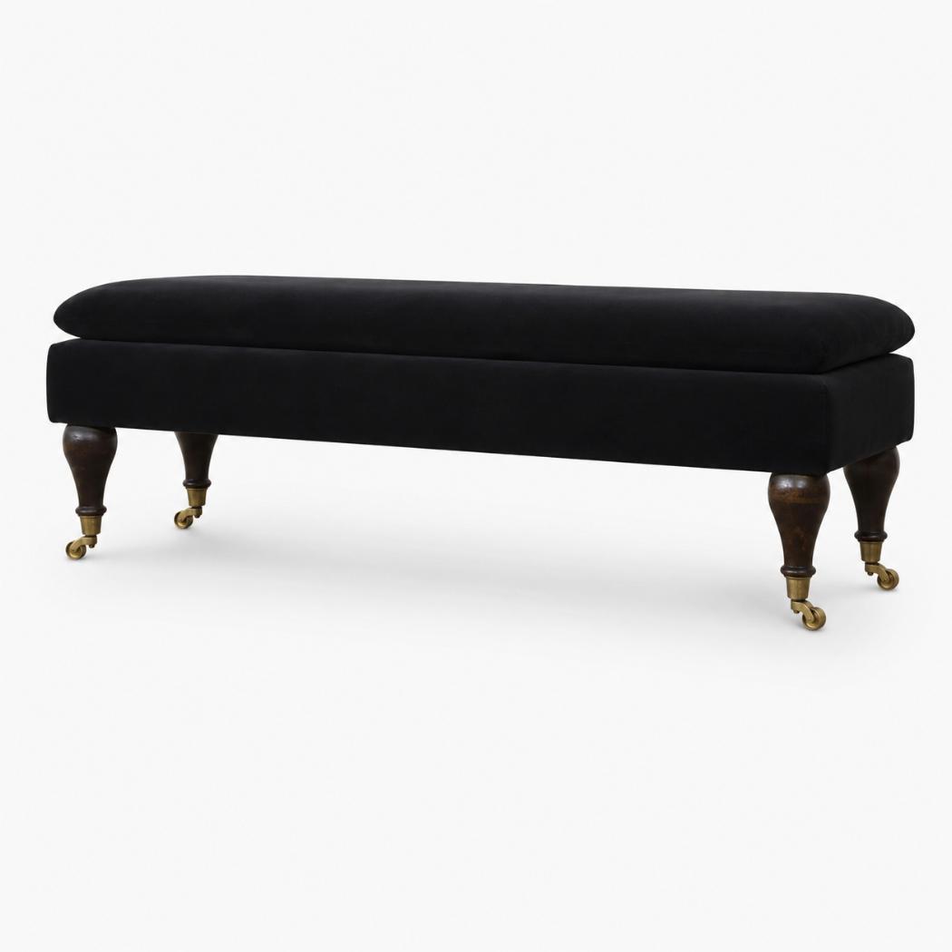 Black Velvet Castor Bench | Solid Mango Wood | Button Tufted Upholstery | Classic Seating