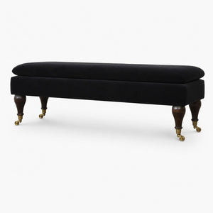 Black Velvet Castor Bench | Solid Mango Wood | Button Tufted Upholstery | Classic Seating
