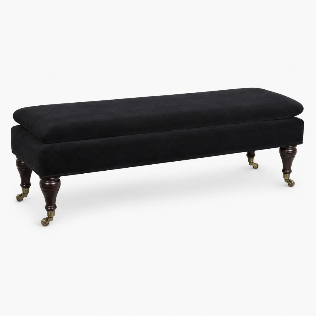 Black Velvet Castor Bench | Solid Mango Wood | Button Tufted Upholstery | Classic Seating