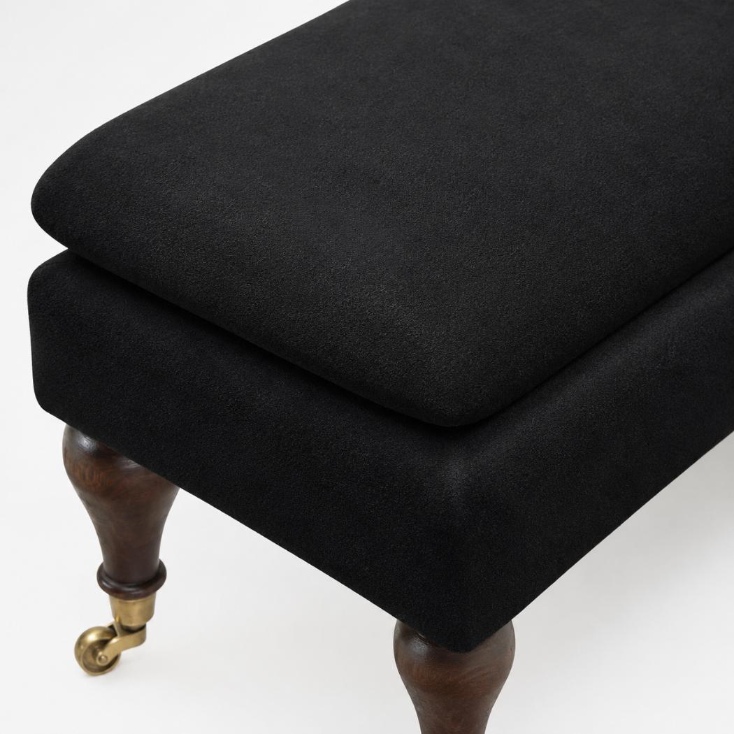 Black Velvet Castor Bench | Solid Mango Wood | Button Tufted Upholstery | Classic Seating