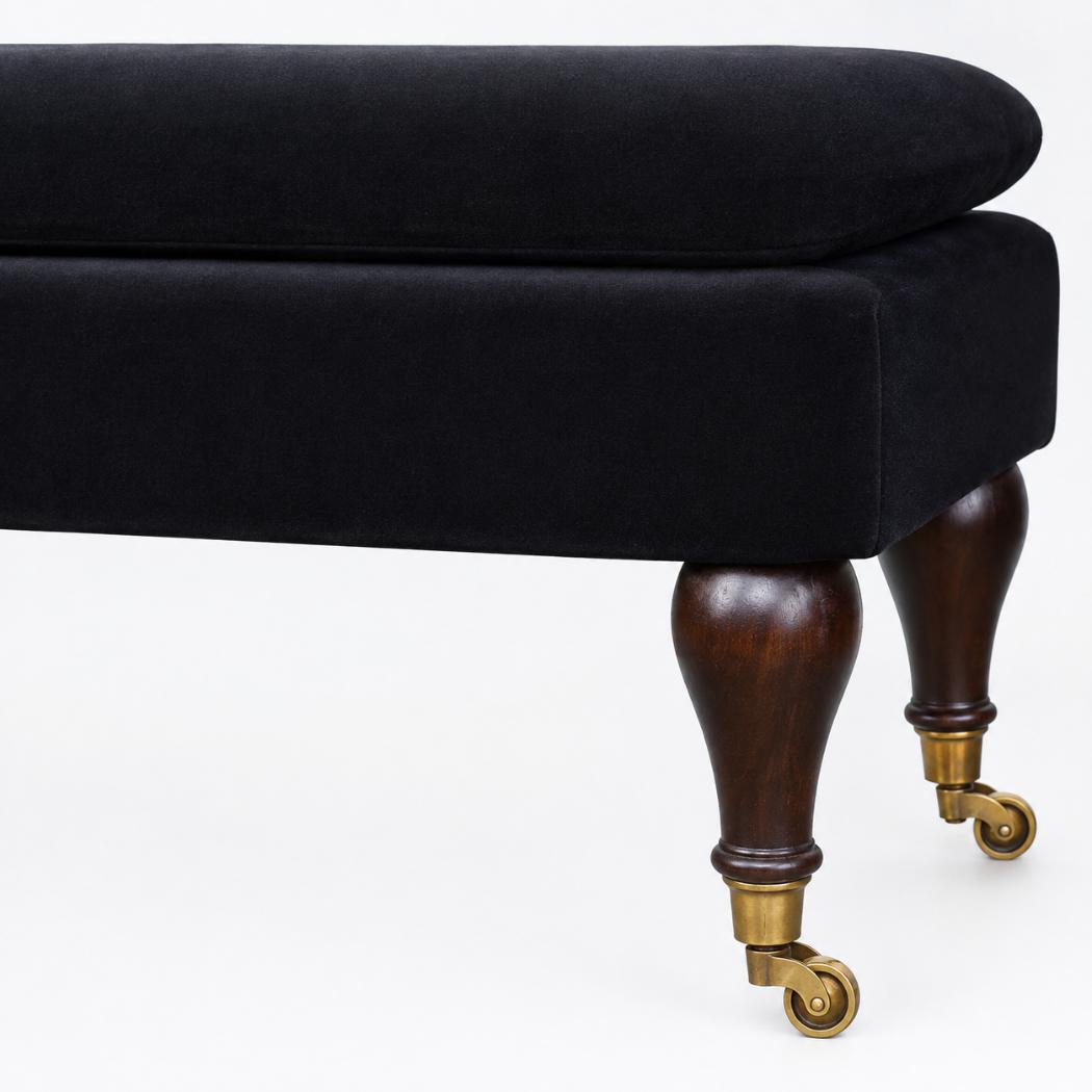 Black Velvet Castor Bench | Solid Mango Wood | Button Tufted Upholstery | Classic Seating