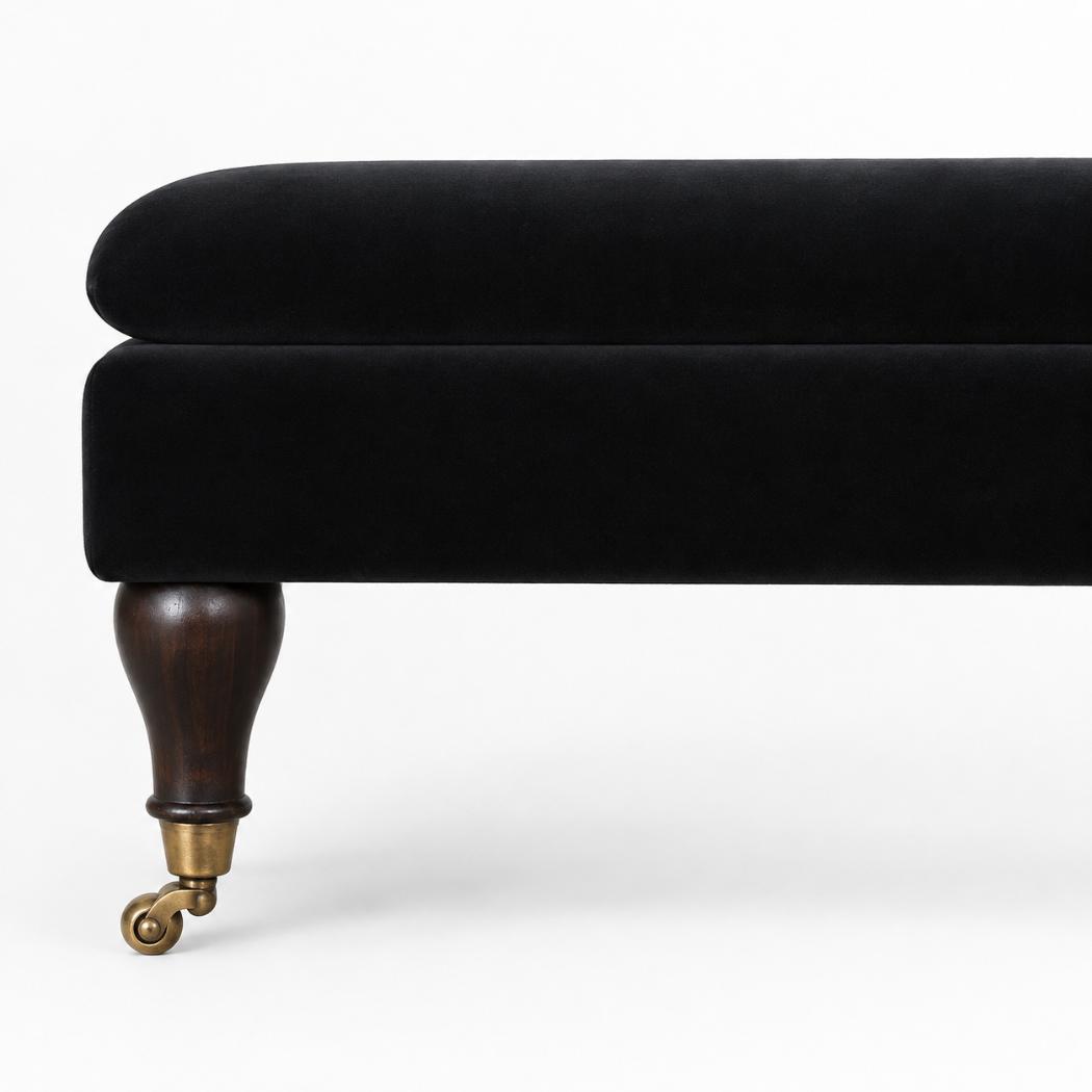 Black Velvet Castor Bench | Solid Mango Wood | Button Tufted Upholstery | Classic Seating