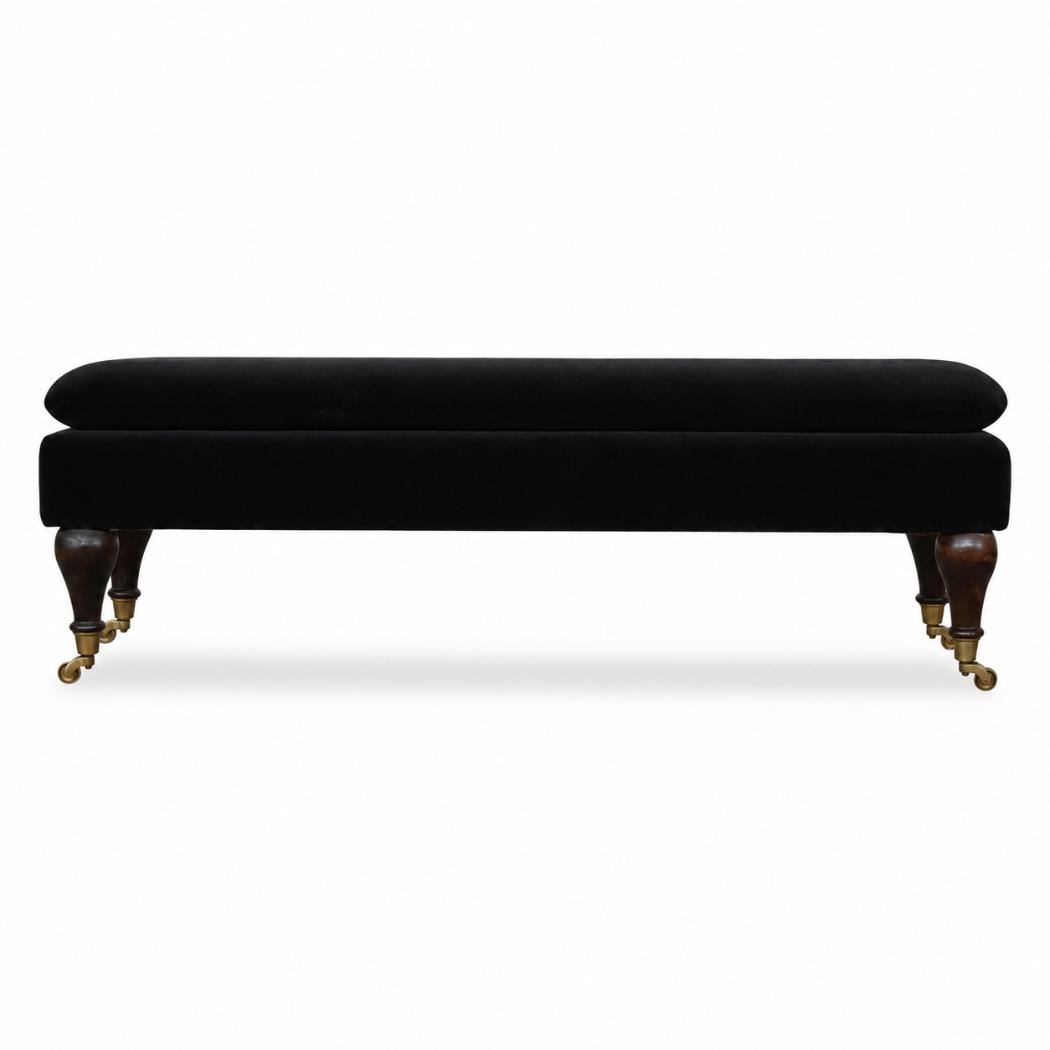 Black Velvet Castor Bench | Solid Mango Wood | Button Tufted Upholstery | Classic Seating