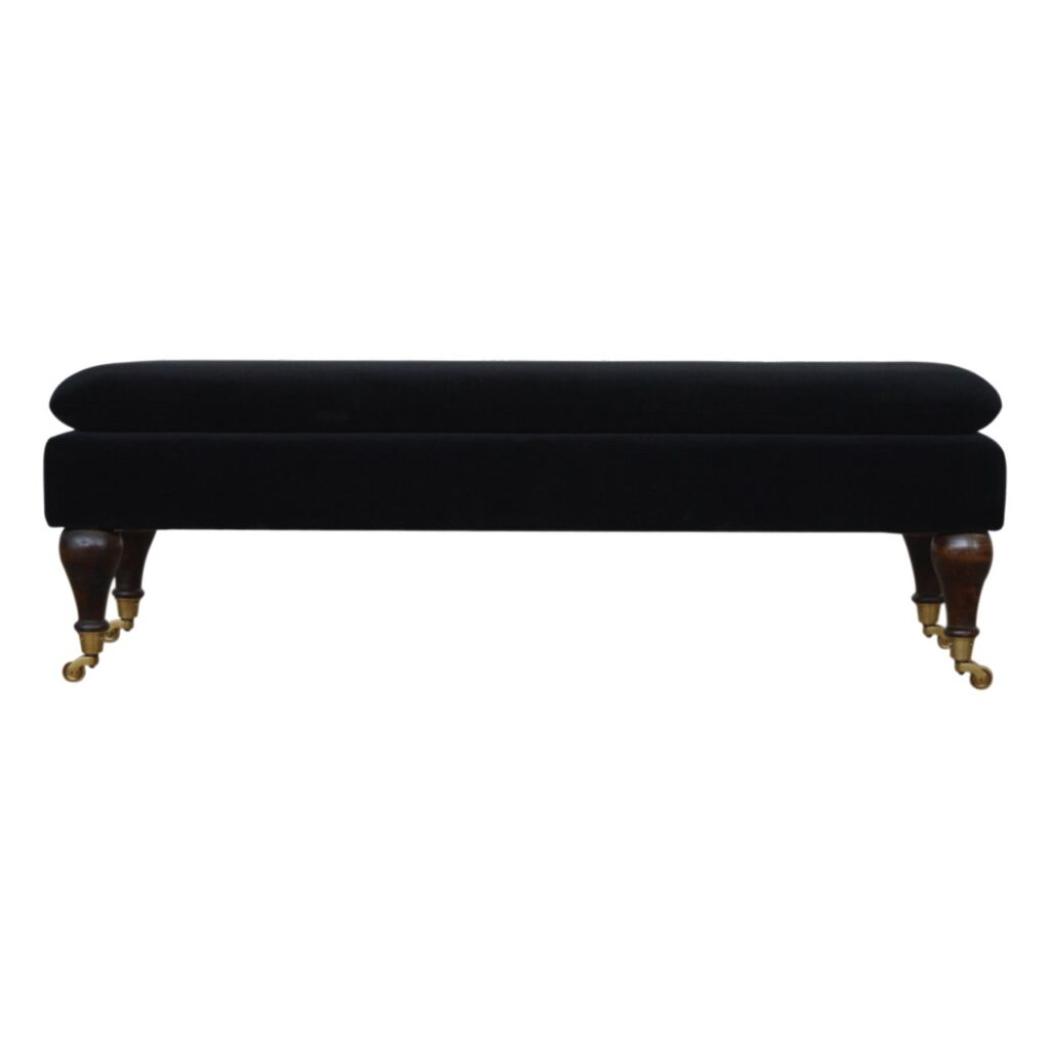 Black Velvet Castor Bench | Solid Mango Wood | Button Tufted Upholstery | Classic Seating