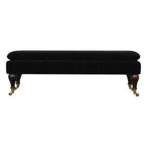 Black Velvet Castor Bench | Solid Mango Wood | Button Tufted Upholstery | Classic Seating