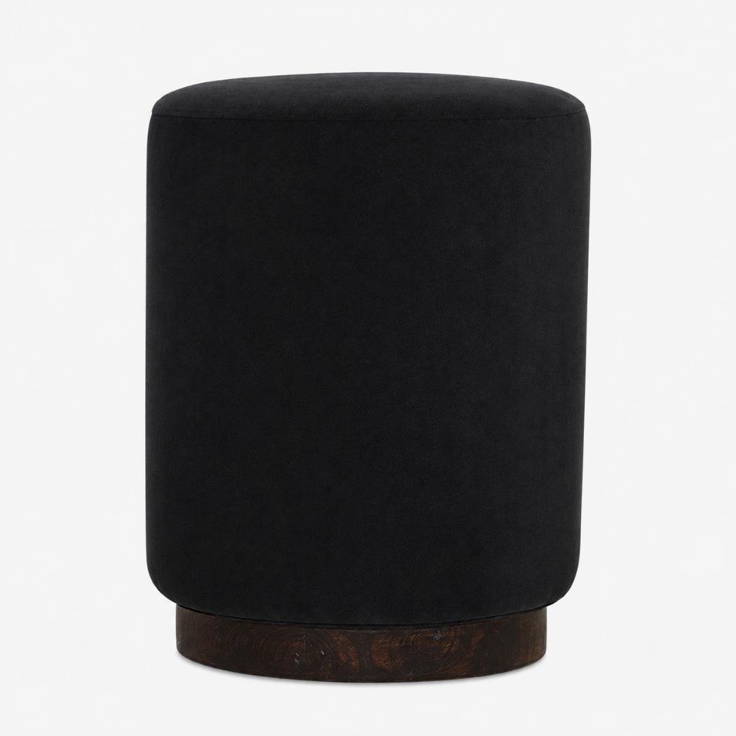 Black Velvet Footstool | Solid Mango Wood Base | Compact Accent Seating
