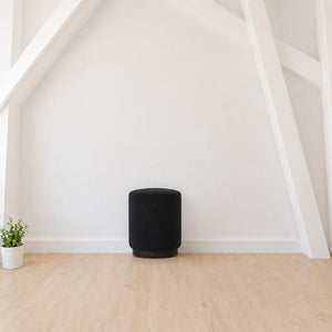 Black Velvet Footstool | Solid Mango Wood Base | Compact Accent Seating