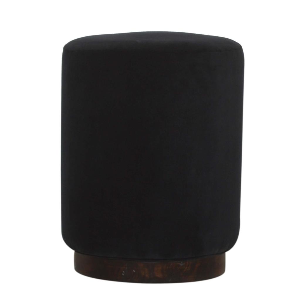 Black Velvet Footstool | Solid Mango Wood Base | Compact Accent Seating