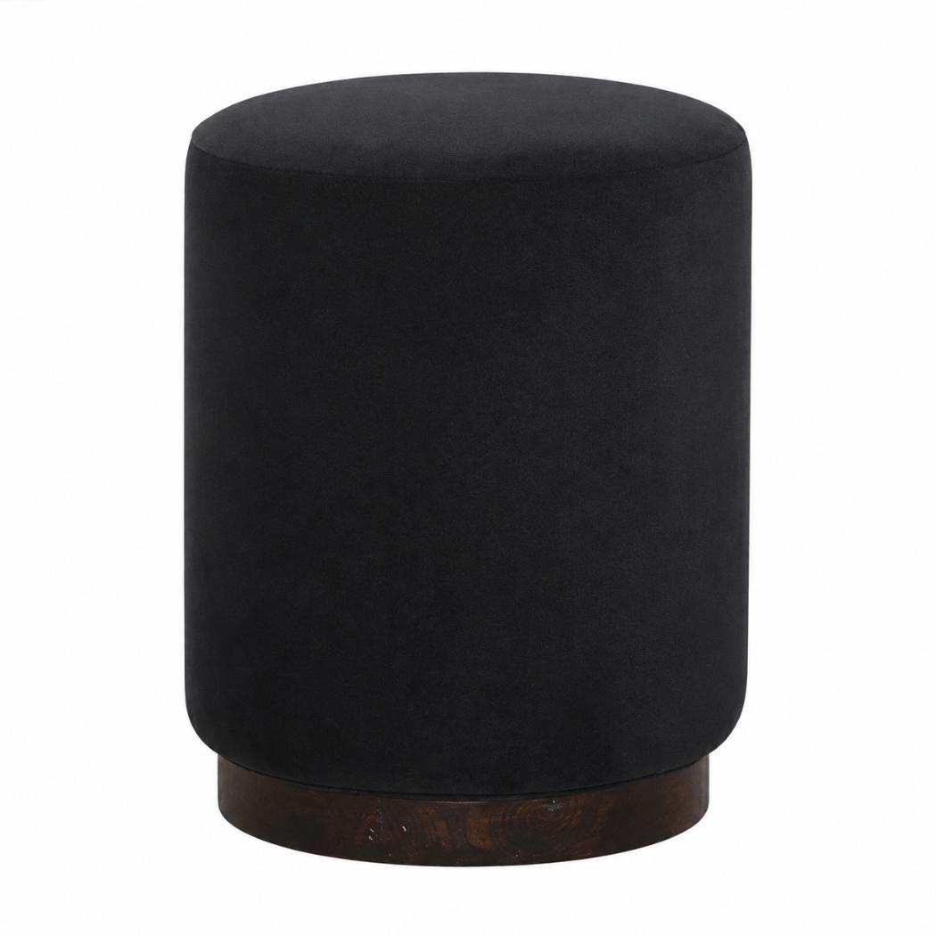 Black Velvet Footstool | Solid Mango Wood Base | Compact Accent Seating