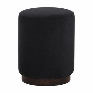 Black Velvet Footstool | Solid Mango Wood Base | Compact Accent Seating