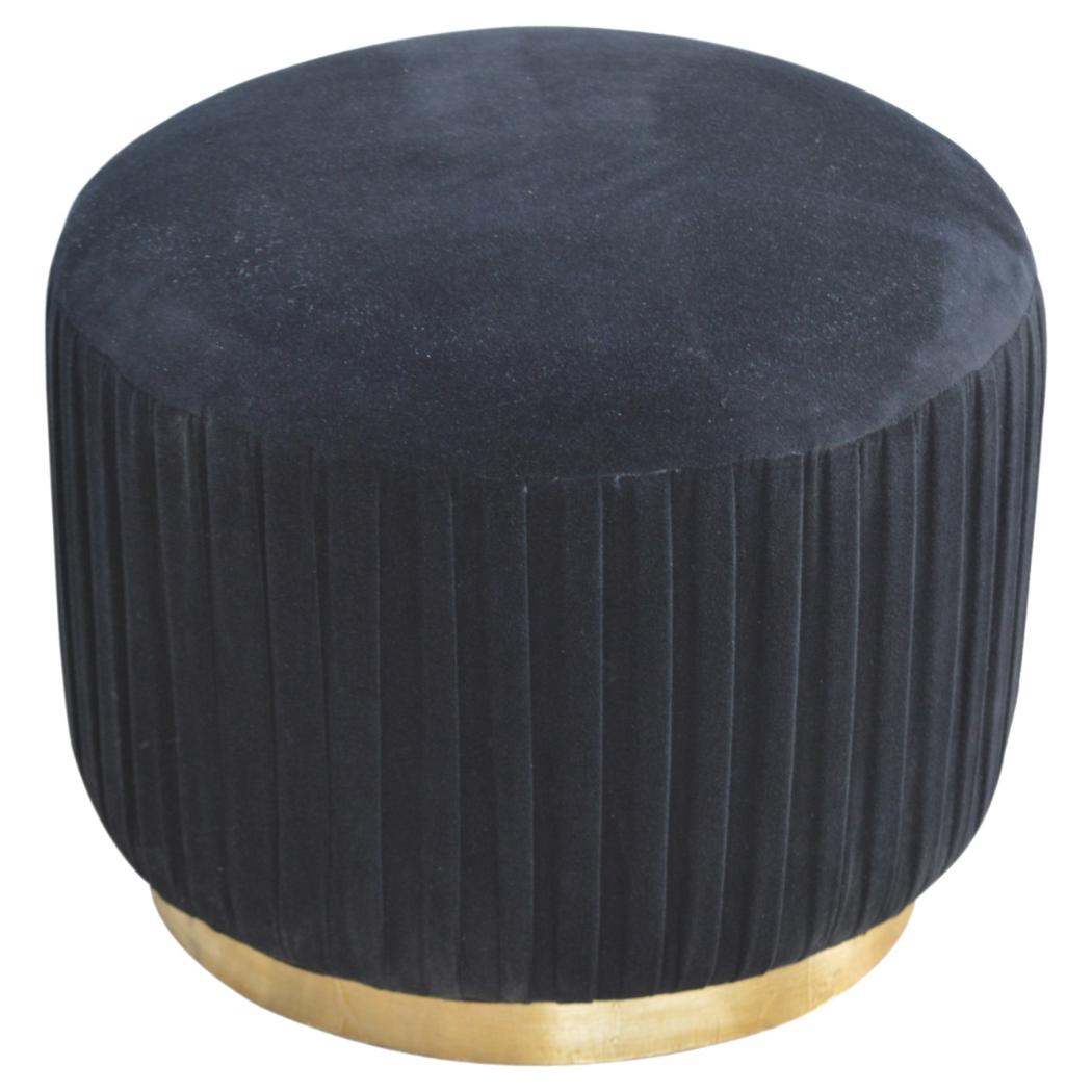 Black Velvet Pleated Footstool | Textured Detail | Elegant Living Room Accent