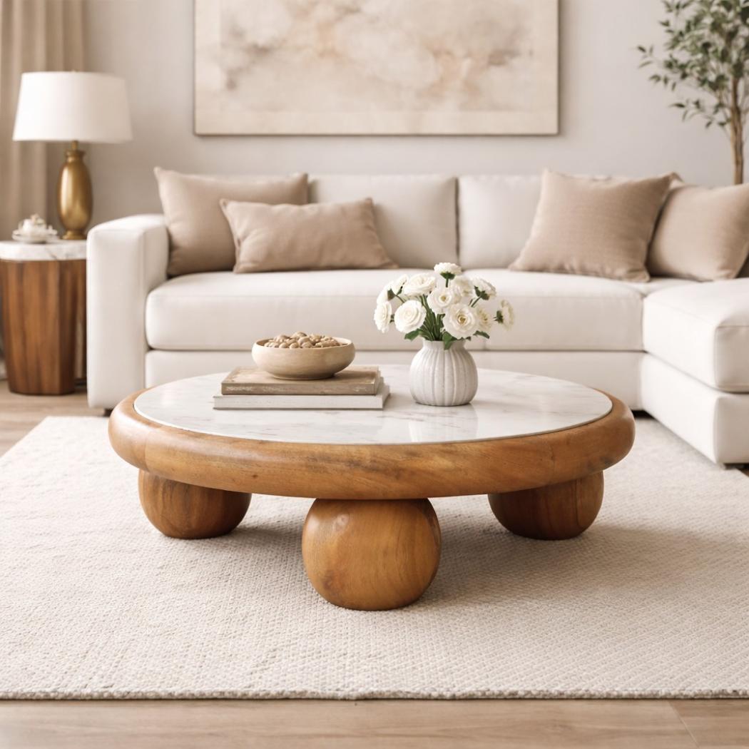Bola Round Coffee Table | Solid Mango Wood | Marble Top | Oakish Finish