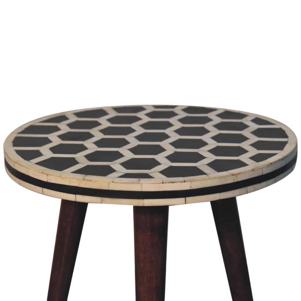 Bone Inlay Tripod Stool | Solid Mango Wood | Honey Caramel Finish