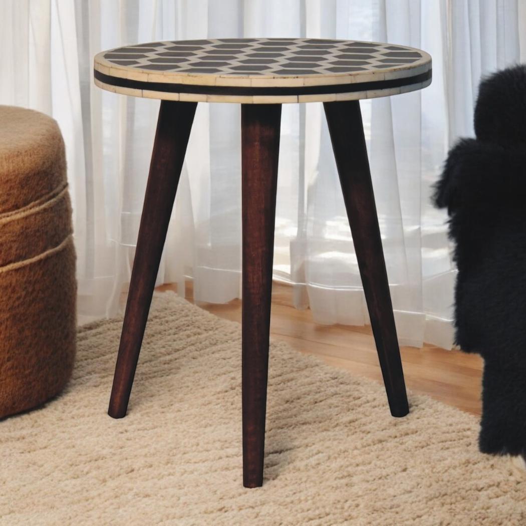 Bone Inlay Tripod Stool | Solid Mango Wood | Honey Caramel Finish