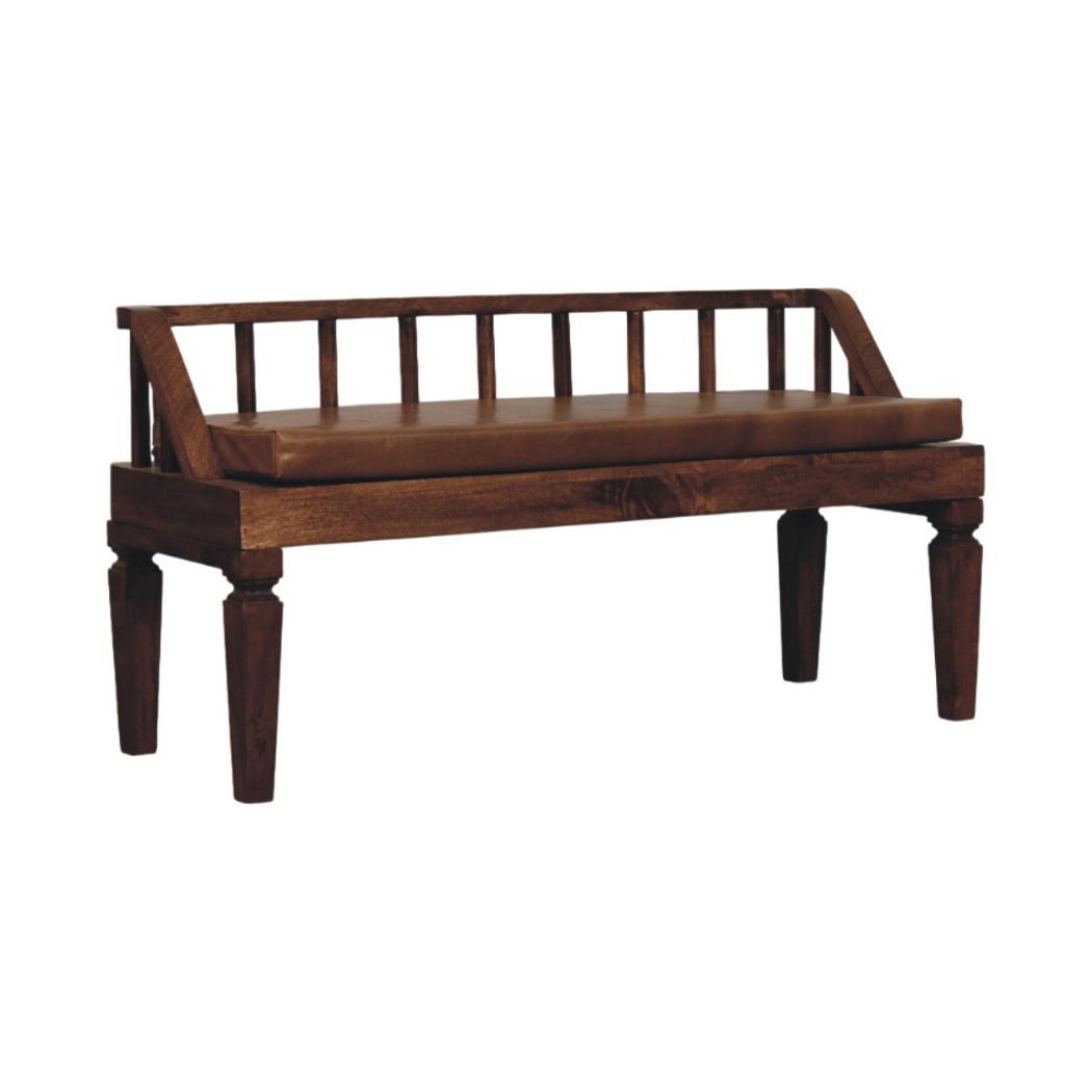 Bordeaux Leather Bench | Solid Mango Wood | Brown Leather Upholstery | Padded Hallway Seat