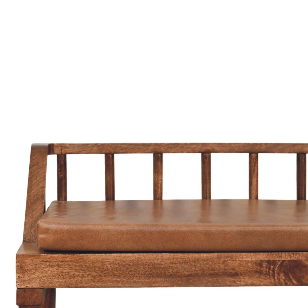 Bordeaux Leather Bench | Solid Mango Wood | Brown Leather Upholstery | Padded Hallway Seat
