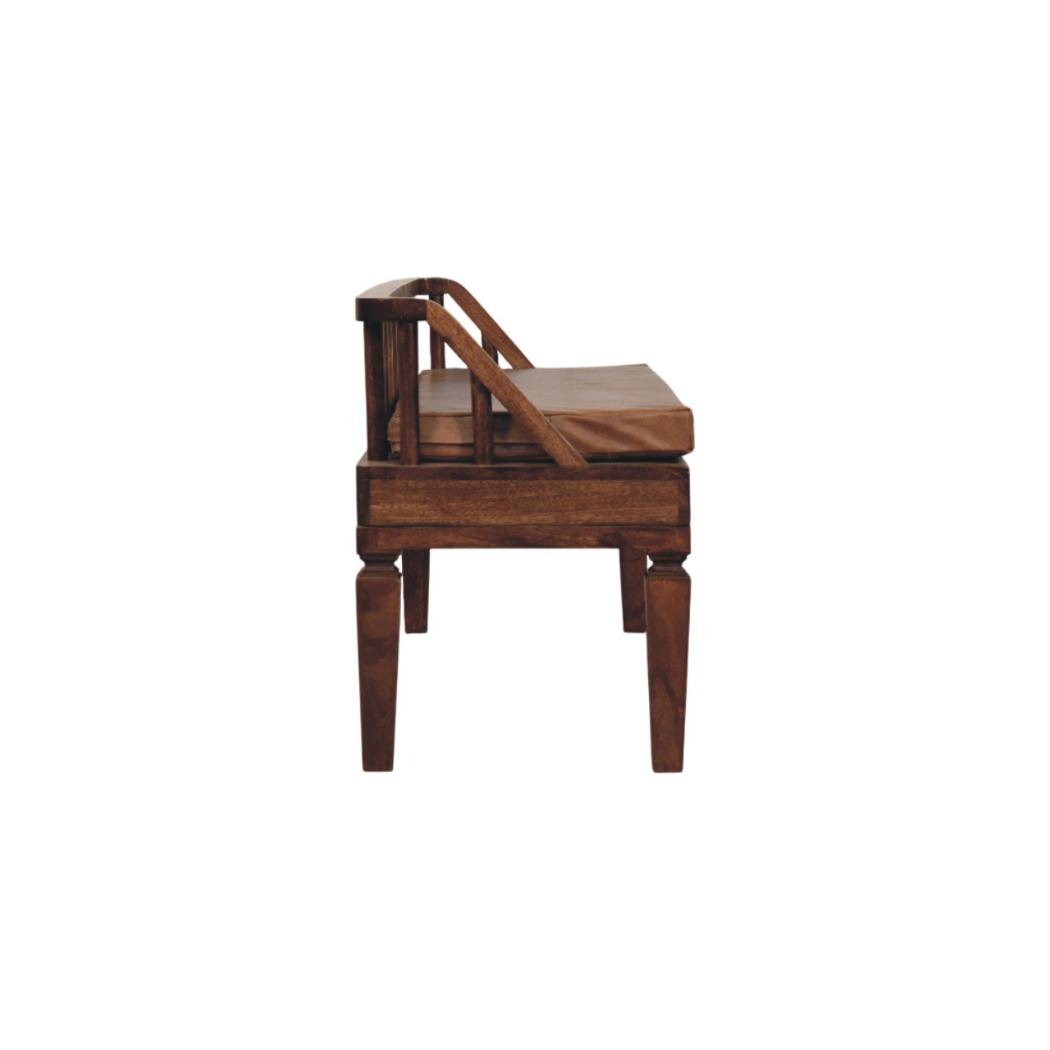 Bordeaux Leather Bench | Solid Mango Wood | Brown Leather Upholstery | Padded Hallway Seat